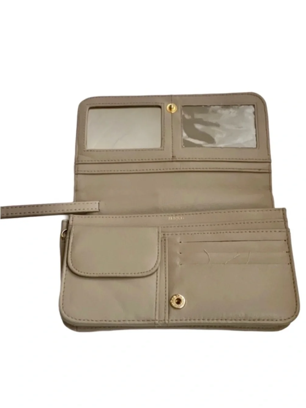 Buxton beige leather flap wristlet wallet